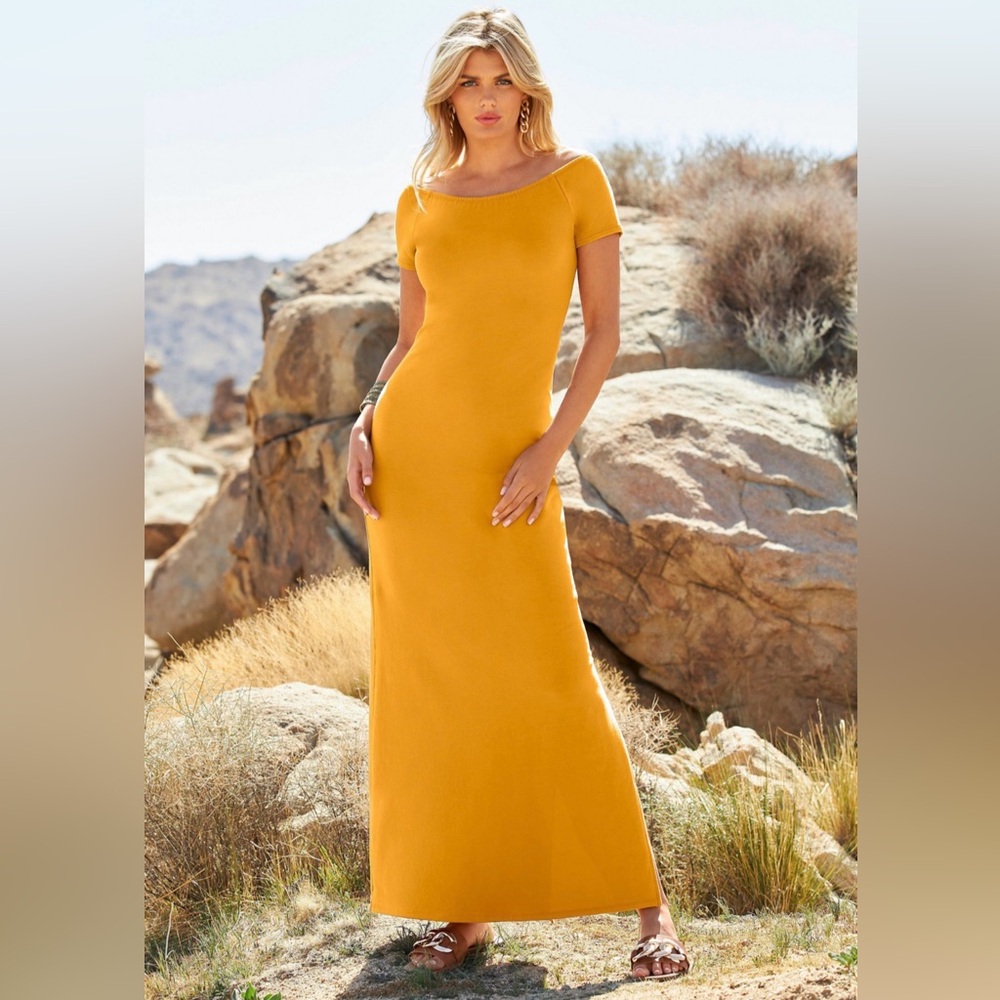 Boston Proper Mustard Yellow Maxi Bodycon Dress size S